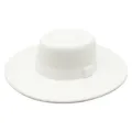 Classic flat top wide brim wool fedora hat with white ribbon band for autumn winter fashion. - M (56-58cm) / White