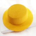 Yellow straw flat top hat solid color summer sun protection beach hat casual fedora for women - Yellow