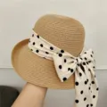 French elegant rolled-brim polka-dot bow straw hat for summer beach vacation sun protection - One Size / Khaki
