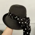Women's summer black straw hat with white polka dot bow ribbon, elegant sun protection beach hat. - One Size / Black