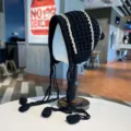 Handmade black knit bonnet hat with beige stripes long tassels cozy winter warm earflap beanie - One Size / Black