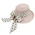 Women Summer Straw Sun Hat Elegant Polka Dot Bow Beach Basin Hat UV Protection - One Size / Pink
