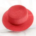 Red straw flat top hat for summer fashion, stylish solid color sun hat for daily wear - Red