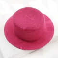 Pink flat top straw hat summer beach sunshade fashion candy color casual boater hat - Rose Red