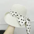 French style elegant roll-up brim polka dot bow bucket hat for women summer beach sun straw hat - One Size / Cream