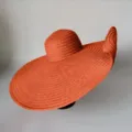 Oversized straw sun hat for women, large 70cm brim beach hat, foldable holiday sunshade cap. - One Size / Orange