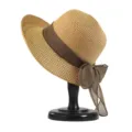 Womens Summer Straw Hat with Brown Bow and Rolled Brim Beach Sun Protection Hat - Khaki