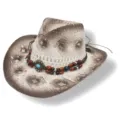Chapeau de cowboy en paille ajourée style bohème avec dégradé marron et perles de bois vintage. - Taille unique / Gris
