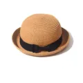 Kids Adults Straw Hat Dome Bowler Sun Hat Black Ribbon Beach Outdoor Summer Hat Variant - Adult / Khaki