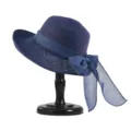 Navy blue straw sun hat for women, wide brim summer beach hat with bow ribbon detail. - Navy Blue