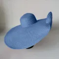 Oversized blue straw beach hat for women, 70cm wide brim foldable sun protection vacation hat - One Size / Denim Blue