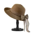 Women summer straw hat with bow, wide brim sun hat for beach vacation and daily outdoor wear. - Coffee