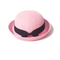 Pink straw hat with black bow ribbon, classic dome sun hat for outdoor beach wear and summer style. - Pink