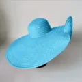 Oversized straw hat for women, 70cm wide brim sun hat, foldable beach vacation sun protection. - One Size / Lake Blue