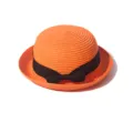 Orange straw dome hat with black bow ribbon, perfect for summer outdoor beach sun protection. - Orange