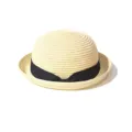Beige straw bowler hat with black ribbon band, classic dome sun hat for summer outdoor beach. - Cream