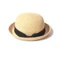 Classic straw derby hat with black ribbon band for women, casual summer sun beach hat. - Beige