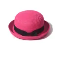 Pink straw fedora hat with black ribbon bow, stylish summer sun beach accessory variant. - Rose Red