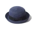 Classic navy blue straw derby hat with black bow, ideal for summer outdoor sun protection. - Navy Blue