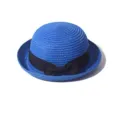 Blue straw bowler hat for summer, featuring a stylish black bow ribbon for outdoor sun protection. - Sapphire Blue