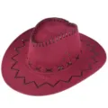 Retro suede western cowboy hat for men and women, wide brim sun protection hat with black stitch. - One Size / Burgundy