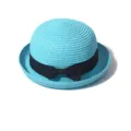 Blue straw bowler hat featuring a chic black ribbon bow, ideal for summer sun protection and beachwear. - Lake Blue