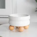 Elevated ceramic pet bowl in white with wooden ball feet, stylish and sturdy pet feeding dish. - Miya White - Double Layer Wooden Ball Stand