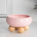 Elevated ceramic pet bowl with wooden ball feet, pink cat and dog food water feeder dish. - Aoli Pink - Single Layer Wooden Ball Stand