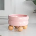 Ciotola per gatti e cani in ceramica rosa con piedini in legno carina ciotola rialzata - Rosa Aoli - Supporto Sfera in Legno Doppio Strato