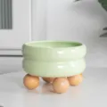 Ciotola per animali domestici in ceramica verde rialzata con piedini in legno - Verde Dian - Supporto Sfera in Legno Doppio Strato