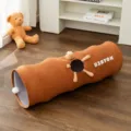 Plush cat tunnel toy with cute bear design, foldable straight tube pet supply for indoor cats. - Brown Bear Small / Unisex