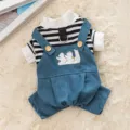 Cute denim dog overalls with striped shirt, warm four-leg pet clothing for small dogs cats. - S (Recommended weight 1.5-2.5kg) / Polar Bear - Thin Four-Legged Jumpsuit