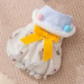 Cute winter pet dress with blue striped collar, yellow velvet velvet bow and sweet bear print. - Yellow Bow