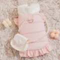 Pink quilted pet winter princess dress with white faux fur collar and cute pearl bag. - Aoli Pink + Crossbody Bag