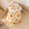 Winter warm pet princess dress cute plaid cat clothes with plush collar and leash ring - Yellow Plaid Bear
