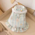 Winter warm pet cat dress cute striped puppy print apparel with plush collar and bow decoration. - Blue Striped Puppy