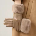 Guantes de invierno de cuero marrón cálido con puños de piel sintética para ciclismo mujer - Talla única / Caqui
