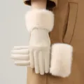 Guantes de cuero de invierno para mujer con puños de piel sintética beige - Talla única / Blanco lechoso