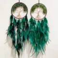 Attrape-rêves Arbre de Vie fait main avec pierres vertes et longues plumes déco - Jaspe Vert / 63cm