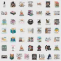 Detailed close-up view of waterproof book reading cat stickers pack for laptop decor. - TQ50-0965