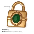 Luxury 18K gold plated stainless steel lock pendant featuring an emerald green glass stone - Green Stone Lock Style (PJ500GNG) / Gold