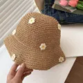 Hand-woven summer straw sun hat with white flower decorations for beach vacations - Woven Small Flower Style / Khaki