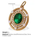 Colgante ovalado de acero inoxidable dorado con gema verde y perlas - Estilo Piedra Verde Diamante de Imitación Perla (PJ508GNG)