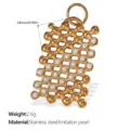 Elegant gold plated stainless steel mesh pendant with imitation pearls, weighing 2.6g. - Rectangular Hollow Pendant with Imitation Pearls Gold (PJ511WEG)