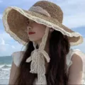 Handgeweven strooien zonnehoed voor dames met elegante witte kanten rand voor het strand - Kantrandstijl / Khaki
