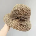Handgeweven strooien zonnehoed voor dames met een prachtige grote bruine strik - Stijl met Zijstrik / Khaki