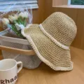 Handgeweven strooien strandhoed voor dames met elegante parelrand in klassiek beige - Dubbele Rij Parel Stijl / Beige