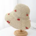 Handgeweven zomerse strohoed voor dames met rode kersendetails en strandvakantie-stijl - Kers Borduurwerk Stijl / Beige