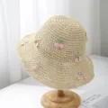 Handgeweven strooien zonnehoed voor strandvakantie met schattige roze kersen decoraties - Kers Borduurwerk Stijl / Beige