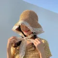 Handgemaakte strooien zonnehoed voor dames met elegante kant en strik voor strandvakantie - Elastische Band Stijl / Khaki